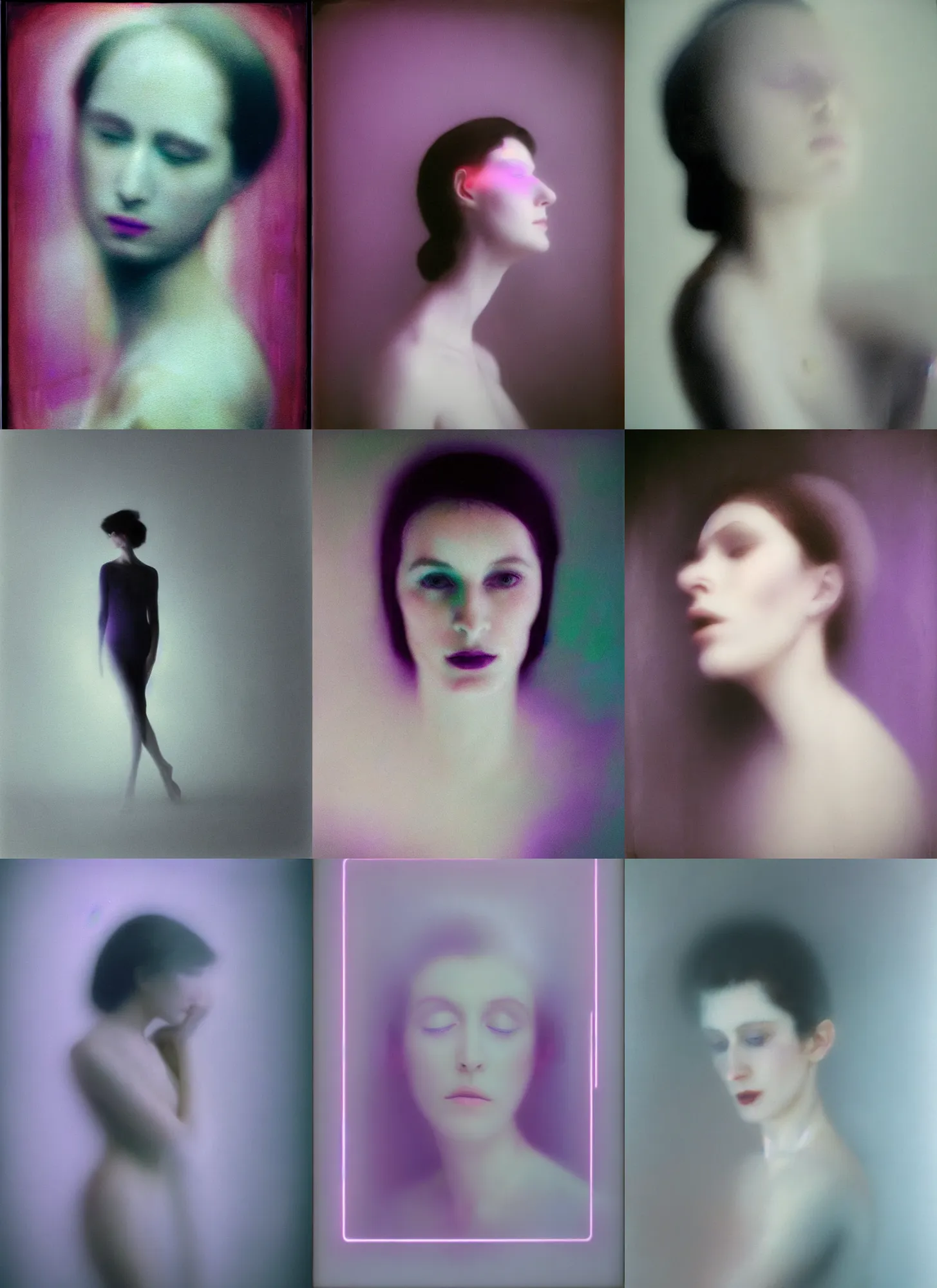 Prompt: violet neon lights, out of focus photorealistic portrait of a beautiful aesthetic pale woman by sarah moon, very blurry, translucent white skin, closed eyes, foggy