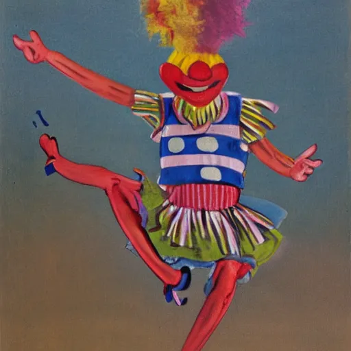 Image similar to Clown dancing in suspenders on a triangular roof, anthropology, ethnology, biology, 8k, realistic