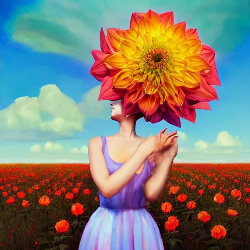 Image similar to giant dahlia flower head, full body girl standing in a flower field, surreal photography, sunrise, dramatic light, impressionist painting, colorful clouds, digital painting, artstation, simon stalenhag