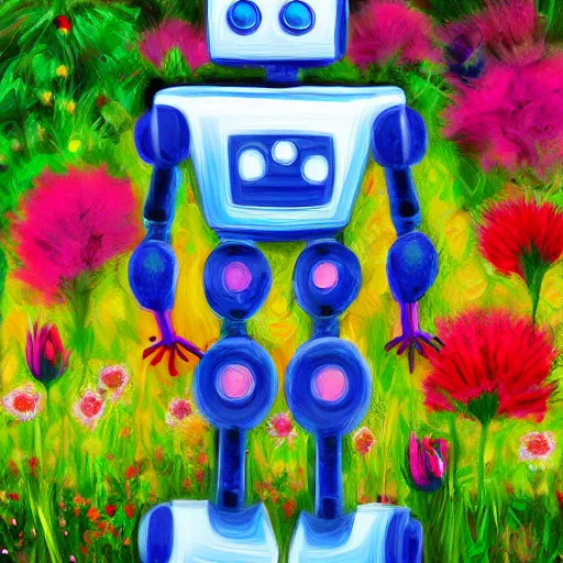 Prompt: A robot holding a flower in a garden, digital painting, hd