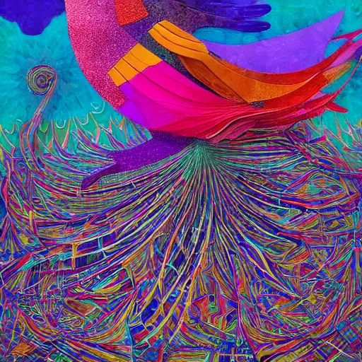 Image similar to A beautiful mixed media art of a large, colorful bird with a long, sweeping tail. The bird is surrounded by swirling lines and geometric shapes in a variety of colors by Klaus Wittmann, by Andy Goldsworthy kaleidoscopic