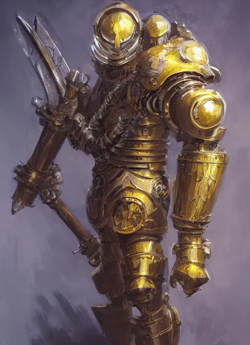 Image similar to dynamic portrait of a intricate glorious holy mechanical warforged character in yellow armor holding a paladin engraved great longsword and carrying a big paladin shield, spotlight from face , epic , trending on ArtStation, masterpiece, cinematic lighting, by Jesper Ejsing and by Yoann Lossel and by John Salminen