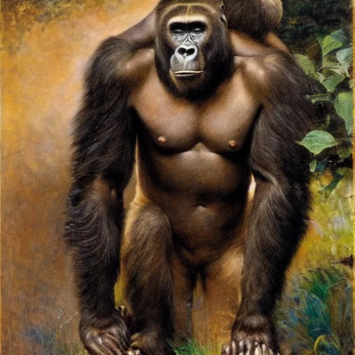 Image similar to highley detailed potrait of a gorilla, painting by gaston bussiere, craig mullins, j. c. leyendecker, lights, art by ernst haeckel, john william godward, hammershøi,