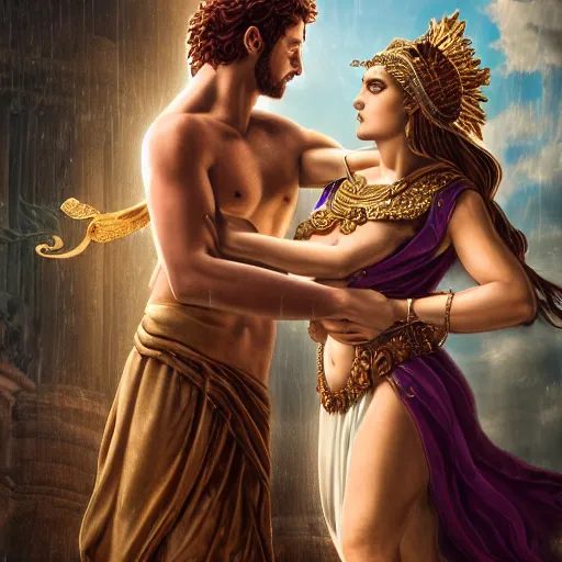Image similar to the marriage between a roman god and a greek goddess in the style of high urban fantasy Hyper detailed Hyper Photorealistic High Resolution HD 8k post-processing