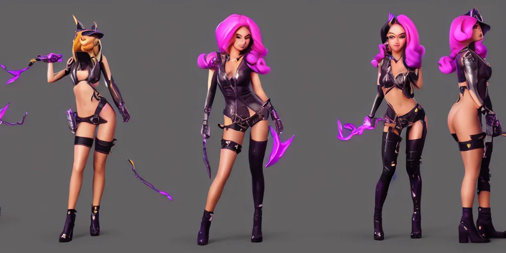 Image similar to character sheet of beautiful KDA More Miss Fortune (wild rift). 3d render, octane render, realistic, highly detailed, trending on artstation, 4k, trending on artstation, pixar, cgsociety, unreal engine 5, redshift render, trending on artstation, blender, behance, cg