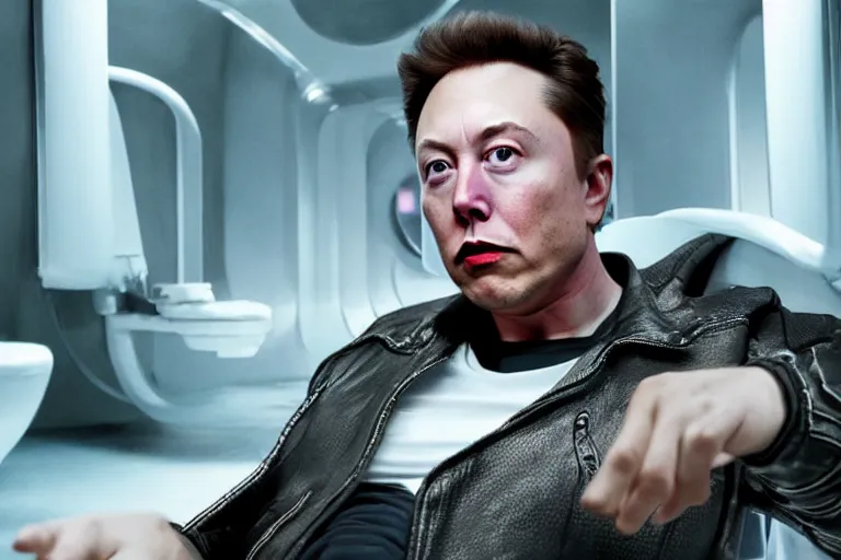 Image similar to hyperrealism aesthetic ridley scott and denis villeneuve style photography of a detailed hyperrealism elon musk, siting on a detailed futuristic toilet and scrolling his smartphone in hyperrealism scene from detailed art house movie in style of alejandro jodorowsky and wes anderson