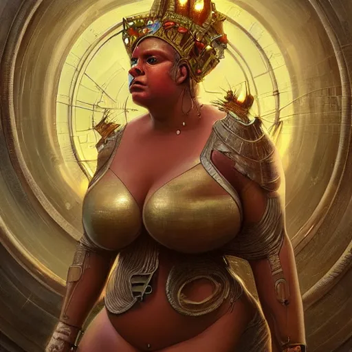 Prompt: An upper body portrait of an obese Zoe Saldana as the goddess of technology and agriculture. Coy facial expression. Beautiful and detailed, surrealism, mixed media. Random futuristic background. In the style of Karol Bak, Greg Rutkowski, and Boris Vallejo.