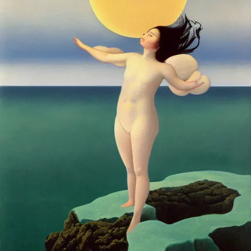 Image similar to very detailed, beautiful painting of bjork levitating above the wavy ocean into a gray sky. shaded. art by rene magritte, 1 9 2 7. oil on canvas.