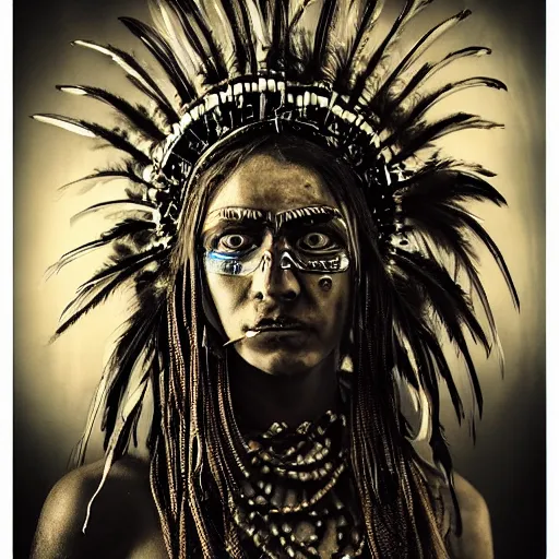 Prompt: portrait of a cyberpunk tribal woman, ornate headdress with cables feathers and bones, gritty realism, movie still,