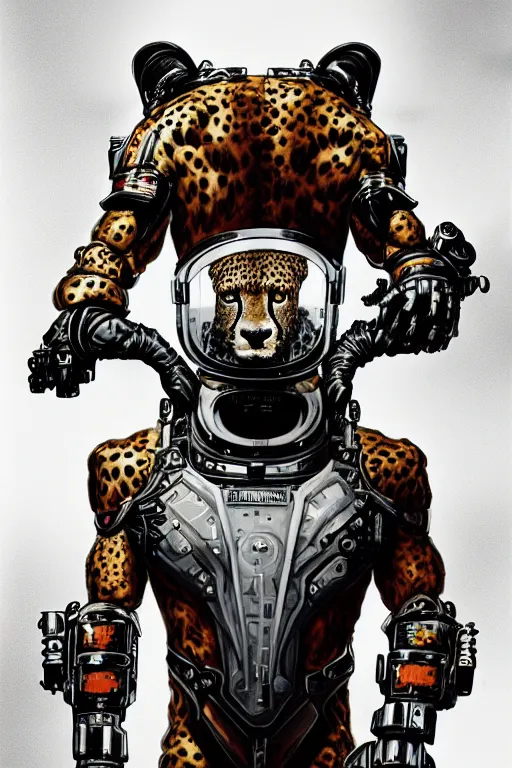 Image similar to a portrait of a muscular anthropomorphic cyberpunk cheetah in spacesuit armor with ensignia on chest plate by sandra chevrier, by jon foster, detailed render, post - processing, extremely hyperdetailed, intricate, epic composition, cybernetics, 4 k realistic, cryengine, realistic shaded lighting, sharp focus, masterpiece, by enki bilal