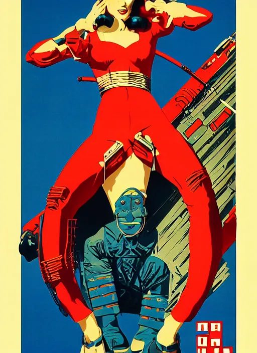 Image similar to american propaganda poster. cyberpunk samurai lady. portrait by jean giraud and anton otto fischer and john philip falter and will eisner and gil elvgren