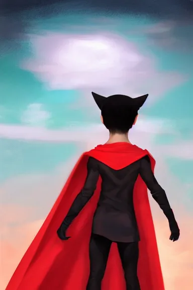 Prompt: little boy with cat ears in an black outfit with red cape. digital painting made by lois van baarle and marc simonetti, sharpness focus, inspired by hirohiko araki, anatomically correct, heroic composition, hero pose, smooth