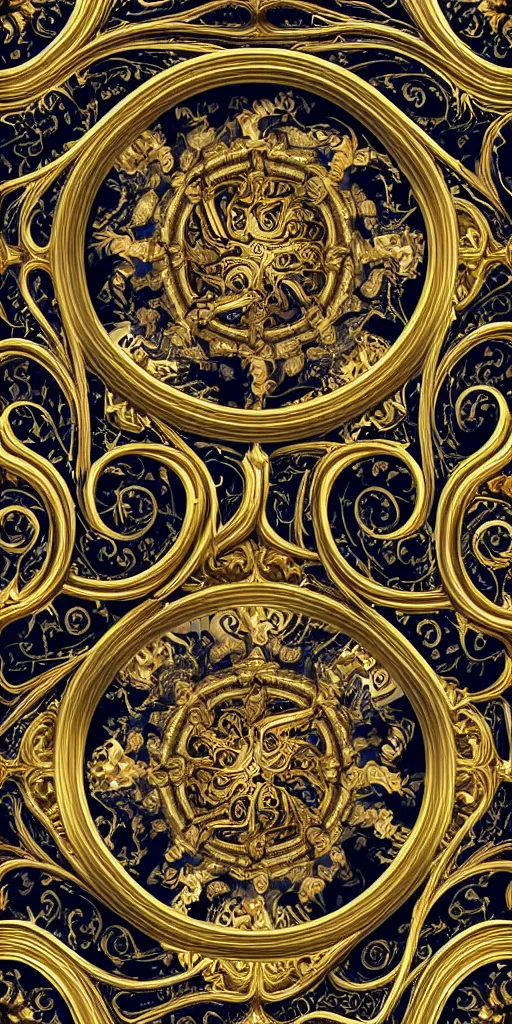 Image similar to the source of future growth dramatic, elaborate emotive Golden Baroque and Rococo styles to emphasise beauty as a transcendental, seamless pattern, symmetrical, large motifs, sistine chapel ceiling, 8k image, supersharp, spirals and swirls, Gold blue black and white, 3D, no blur, sharp focus, photorealistic, insanely detailed and intricate, cinematic lighting, Octane render, epic scene, 8K