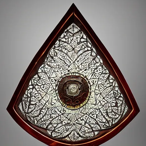 Image similar to impressive teardrop kite shield, made from hardwood A true work of mastery, as this shield was forged by summit dwarves in a storm workshop. The shield's edges are emblazoned with a thick metal lining and have been decorated with intricate metalwork. Its centre is garnished with symmetrical paintwork and zealous texts. It's clear this shield has been through numerous battles. Holes and cracks made by who knows what leave visible reminders of victory and loss, but one this is for sure: death will have to wait a little while longer.