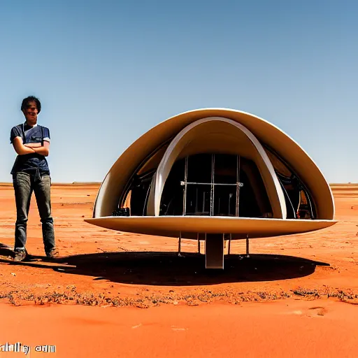 Image similar to flying robotic drone 3d printer printing an earthship house frame in the australian desert, supervised by an asian, caucasian and indian woman, XF IQ4, 150MP, 50mm, F1.4, ISO 200, 1/160s, dawn