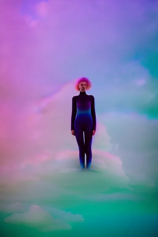 Image similar to high quality pastel coloured film close up wide angle photograph of a model wearing clothing swimming on cloud furniture in a icelandic black rock!! environment in a partially haze filled dreamstate world. three point light, rainbow. photographic production. art directed. pastel colours. volumetric clouds. pastel gradient overlay. waves glitch artefacts. extreme facial clarity. 8 k. filmic.