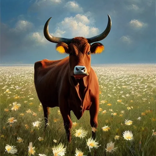 Image similar to Hyper realistic oil painting of a cow standing in the middle of a field of daisies, blue sky, high contrast, by greg rutkowski, trending on artstation