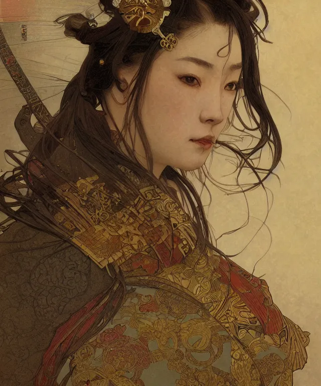 Image similar to realistic hyper detailed portrait of a samurai warrior by Alphonse Mucha and Charlie Bowater and art germ, rule of thirds, samurai armor, japanese patterns, golden ratio, portrait style with the subject in the middle of the frame