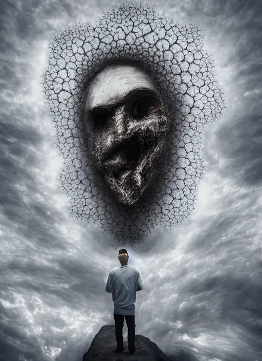 Image similar to dramatic matte portrait painting of man with black mandelbrot fractal instead of face, horror, body horror, dark art, 4 k, detailed, realistic, psychotic, insane, crazy, mental illness, dramatic,