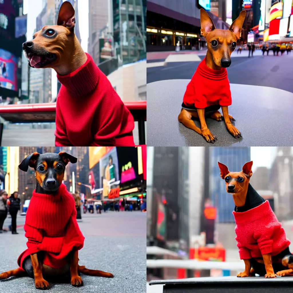 Prompt: A pinscher dog wearing a sweater sitting on a red table in time square