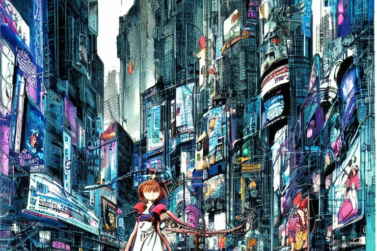 Image similar to an intricate, awe inspiring cyberpunk illustration of a girl with balloon, Times Square, by masamune shirow and katsuhiro otomo ((colorful))