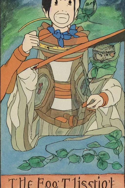 Prompt: the fool tarot card as drawn by studio ghibli, whole card, white frame