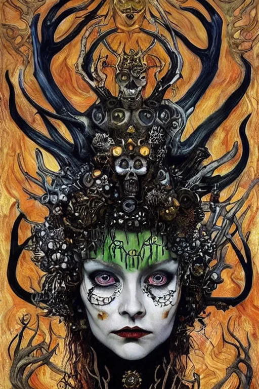 Image similar to The Queen of Bones by Karol Bak, Jean Deville, Gustav Klimt, and Vincent Van Gogh, portrait of a majestic demonic queen, vampiress, jade green cat eyes on fire, mystic eye, otherworldly, crown made of bones, antlers, horns, ornate jeweled crown, skull, fractal structures, arcane, inferno, inscribed runes, infernal relics, ornate gilded medieval icon, third eye, spirals, rich deep moody colors
