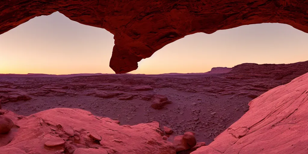 Image similar to a view looking out of a cave of a dried up river bend running through a canyon surrounded by desert mountains at sunset on mars, purple sky, two moons, planet mars, moab, utah, a tilt shift photo by frederic church, trending on unsplash, hudson river school, photo taken with provia, national geographic photo