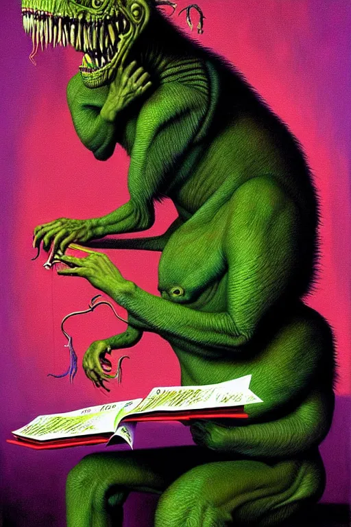 Prompt: a hyperrealistic painting of a chimeric creatures studying for a math exam, cinematic horror by jimmy alonzo chris cunningham, lisa frank, richard corben, highly detailed, vivid color,