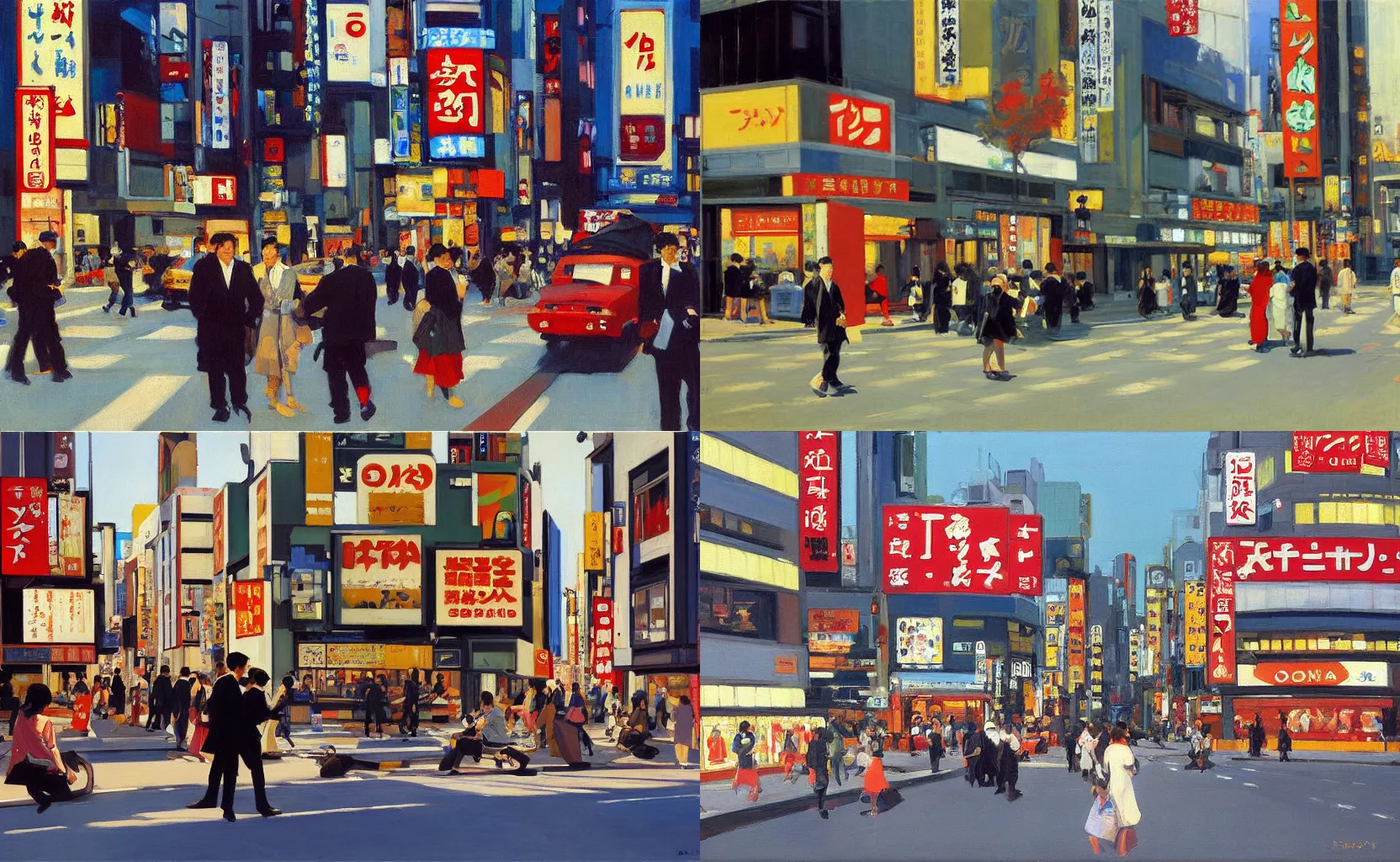 Prompt: a busy street in Tokyo, painting by Ben Aronson and Edward Hopper