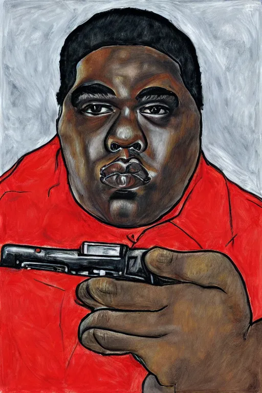 Image similar to a portrait of biggie smalls holding a gun in style of egon schiele, 4 k, trending on artstation