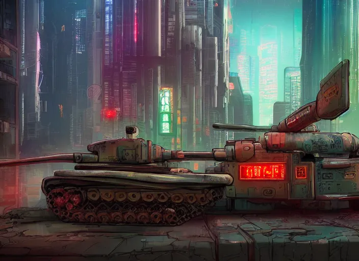 Image similar to A tank in a cyberpunk city, detailed, warm colours