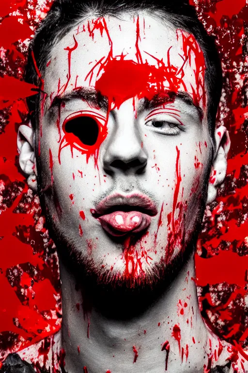 Image similar to guy covered with blood in his face - aesthetic, 4 k, comfort posse, acrylic paint style, pencil style, torn cosmo magazine style, pop art style, ultrarealism, by mike swiderek, jorge lacera, ben lo, tyler west