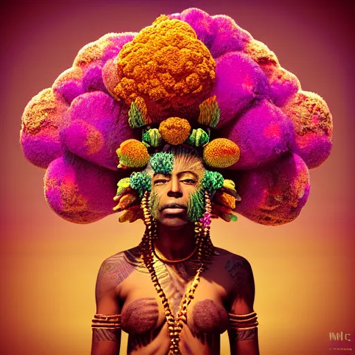 Prompt: female african marijuanna! shaman with an afro made of flowers, third eye art art by machina infinitum, complexity from simplicity, rendered in octane, mandelbulb 3 d, ambient occlusion, macro photography, felt!!! texture, tribal, neon! retrowave