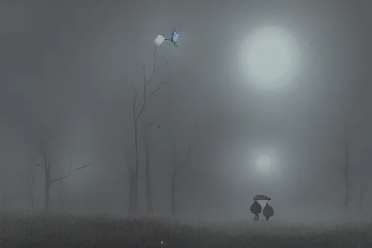 Image similar to “over the garden wall, illustration, 8k, digital masterpiece, gloomy, atmospheric fog, highly detailed”