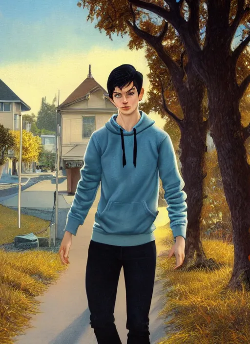 Image similar to handsome young man with short black hair, light blue eyes, pale skin, detailed neighbourhood background, houses, trees, road, magical atmosphere, tarot card, glowing, golden hour, wearing jeans and a black hoodie, realistic painting by ross tran and gerald brom and alphonse mucha, trending on artstation