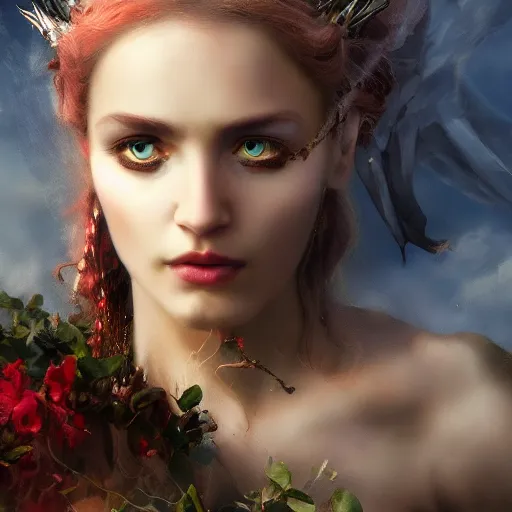 Prompt: beautiful gorgeous Persephone with the prettiest eyes the world has seen with a spear in her hand guiding the gargoyles back where they belong, goddess of life and death, cinematic lighting, high quality 8k hd, oil on canvas, hyper realistic art