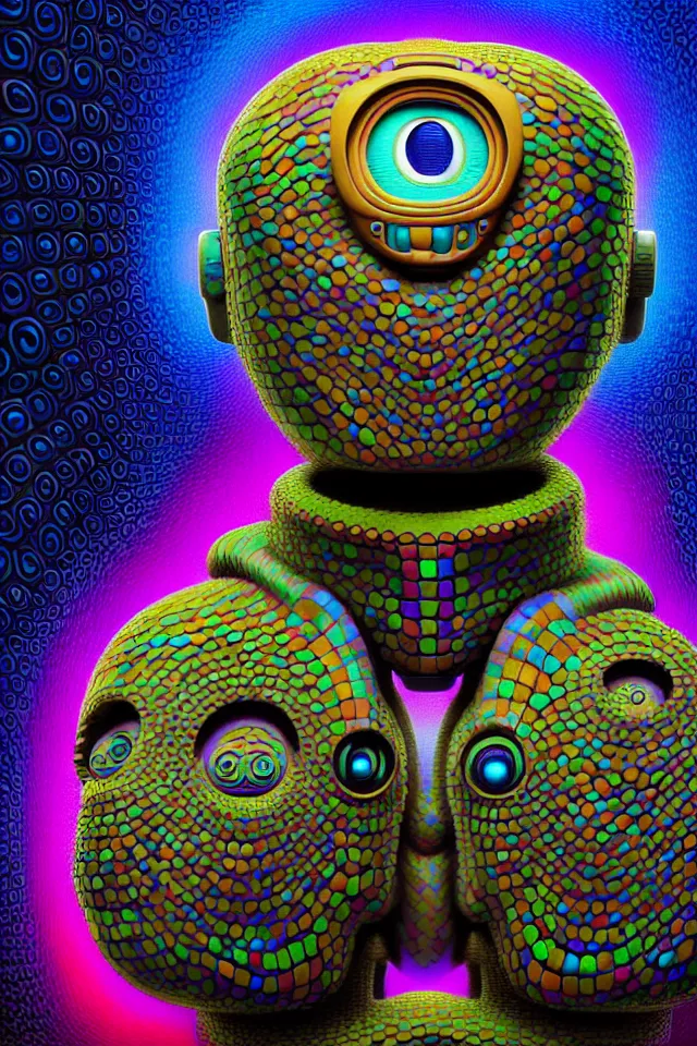 Prompt: portrait of a futuristic robot made out of cobblestone as a psychedelic neural tiki reptile god by naoto hattori, dan mumford, android jones, and chris dyer, deep bold colors, galactic dmt entity, depth of field, intricate beautiful painting, billions of details, octane render, portal, 8 k, detailed vector, trending on artstation, cgisociety