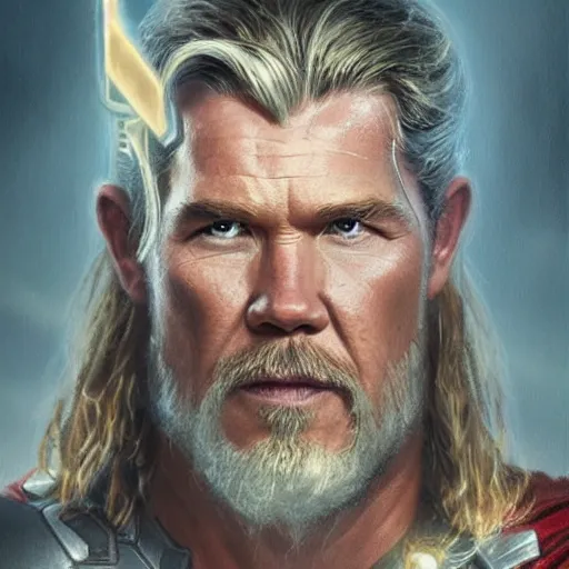 Image similar to A portrait of Josh Brolin as thor, Thor art, art by greg rutkowski, matte painting, trending on artstation