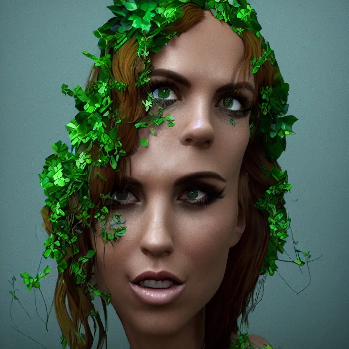 Image similar to portrait of Melanie C as a Poison Ivy. intricate artwork. by wlop, octane render, trending on artstation, very coherent symmetrical artwork. cinematic, hyper realism, high detail, octane render, 8k