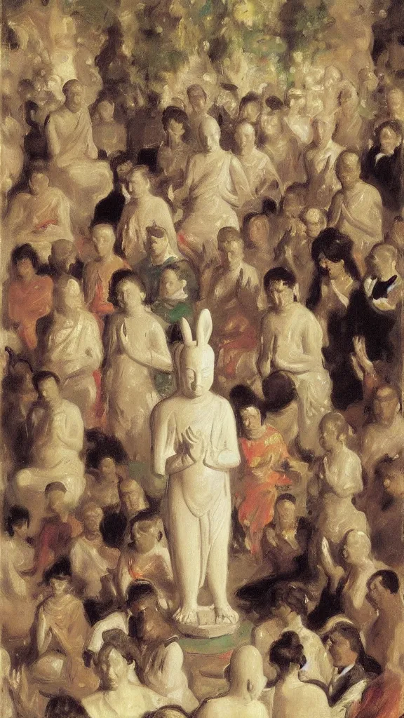 Image similar to a budda rabbit statue between crowd of people prayers in a botanical room by john singer sargent