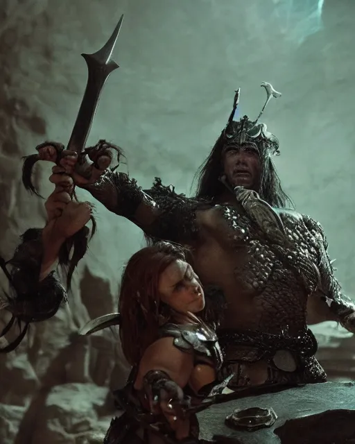 Image similar to closeup Photo of Conan the Barbarian with a sword fighting a fantasy dragon in a dungeon, rim lighting, octane, Natasha Tan, Maciej Kuciara, Edgar Rice Burroughs,