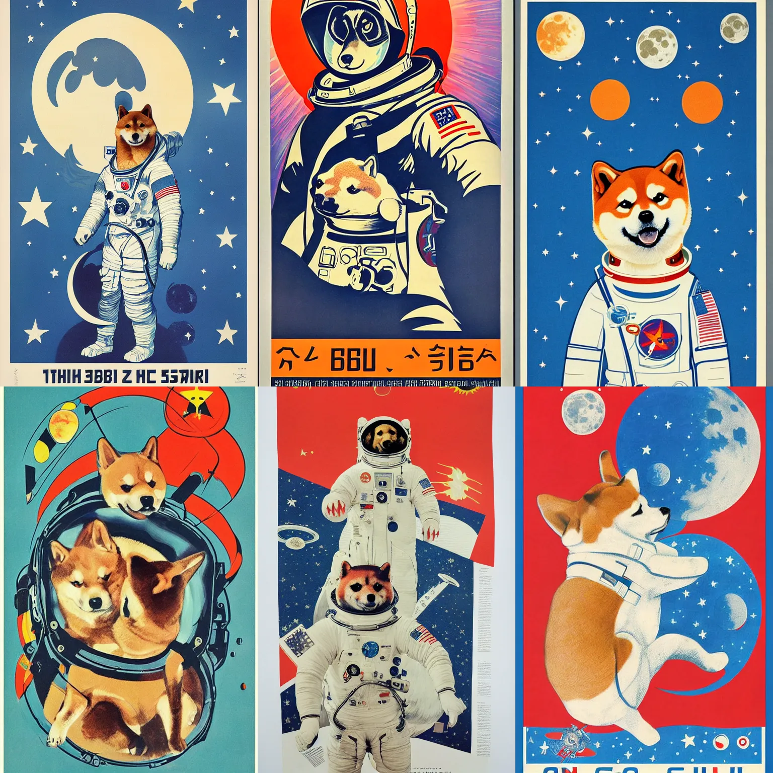 Prompt: Shiba Inu cosmonaut portrait, moon mission, 60s poster, 1968 Soviet