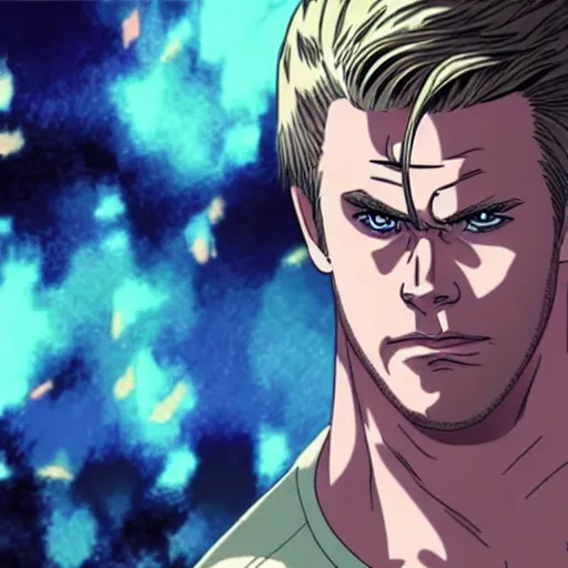 Prompt: still of chris hemsworth with a very muscular body type, anime art, anime style
