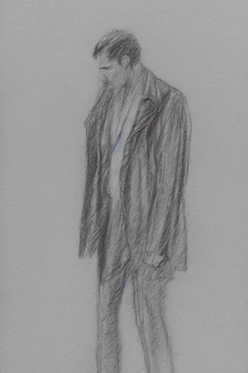 Image similar to a man in a jacket with his back to the camera standing in the rain. pencil sketch.