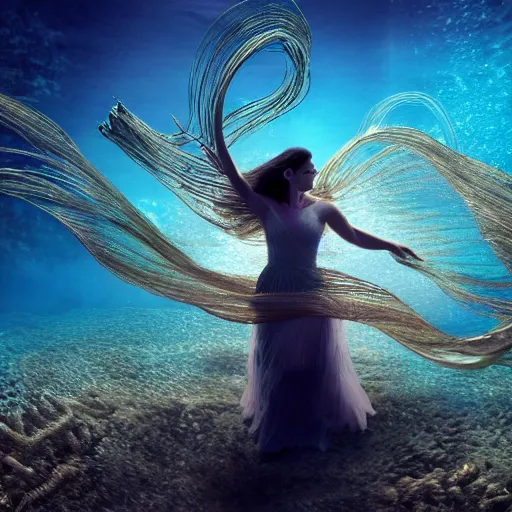 Image similar to jennifer connelly dancing underwater wearing a long flowing dress made of many layers of gold and silver wire, coral sea bottom, swirling schools of silver fish, swirling smoke shapes, octane render, caustics lighting from above, cinematic, hyperdetailed