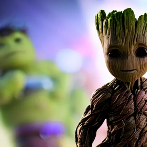 Image similar to baby groot getting bigger, meaner and transforming into hulk, dc universe, bokeh, high quality dof