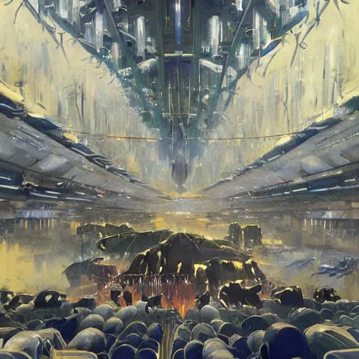 Prompt: aliens praying in a futuristic church surrounded by cows, concept art by Ralph McQuarrie, by John Berkey, oil on canvas, highly detailed, science fiction