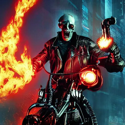 Prompt: cyberpunk ghost rider swinging a barbed wire whip, extremely detailed concept art, octane render, volumetric lighting, terrifying masterpiece, maximalist, neo-expressionist, full body portrait, black background, lots of flames, horror, by Frank Miller, by Bernie Wrightson, by Giger, by Julie Taymor