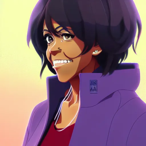 Prompt: beautiful makoto shinkai anime style digital painting portrait of michelle obama, 4 k, 8 k, hd, high resolution, highly detailed, intricate detail, ultra realistic faces, digital art, trending on artstation, your name, weathering with you